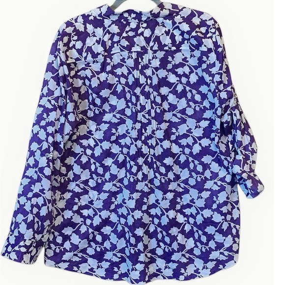 Chicos Blouse Tunic 100% Cotton US 12 Purple White‎ Tab Roll Sleeve Light Weight - Picture 2 of 8